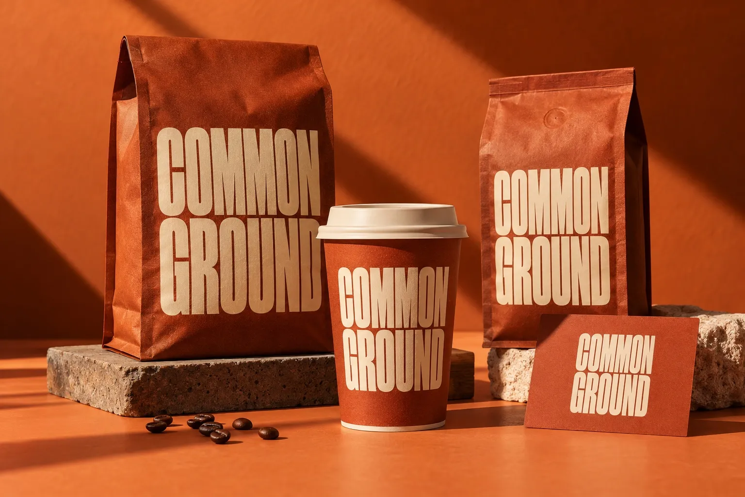 Common Ground concept coffee brand on warm orange packaging and paper cups